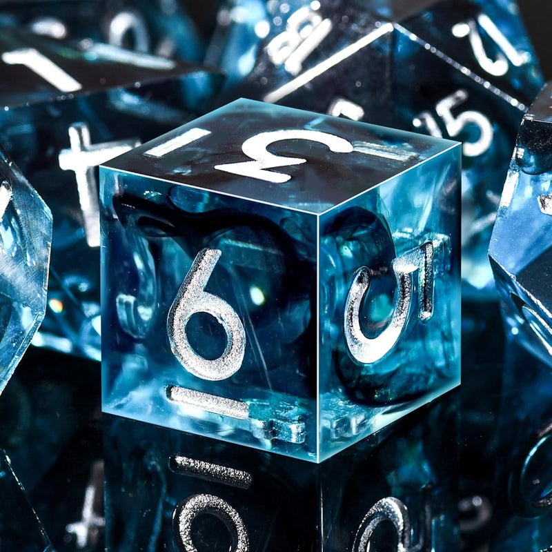 AUSTOR 7-Die DND Dice Set Handmade Sharp Edge Polyhedral Dice for Dungeons and Dragons D&D RPG MTG Table Games (Blue & Black, Silver) - Image 1